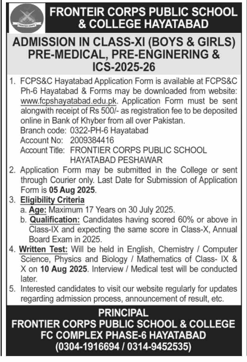 Admission Open in Frontier Corps Public School & College Hayatabad